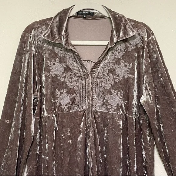 Andree By Unit Velvet Long Sleeve Brown Button Up Tunic Witchy Whimsigoth Size M - Picture 2 of 9